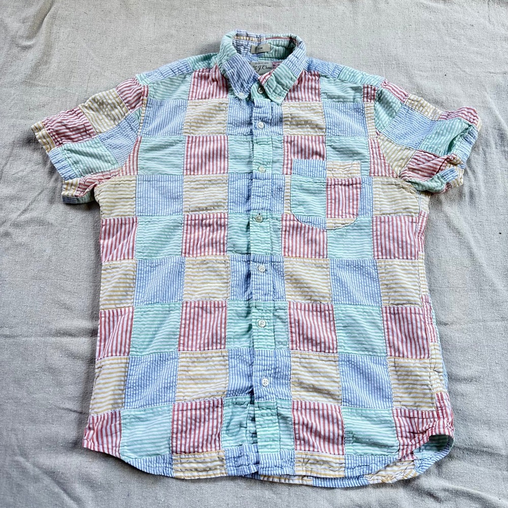 J.Crew Mens Slim Fit Seersucker Patchwork Shirt Multi Color Striped Org Cotton